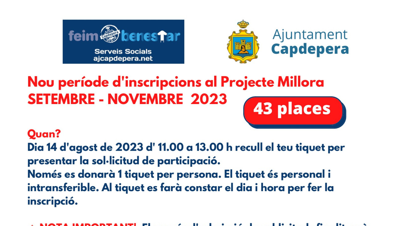 🔴 Nou període d'inscripcions al Projecte Millora SETEMBRE - NOVEMBRE 2023. 43 places