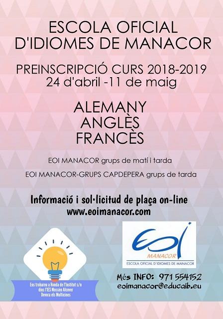 Preinscripcions a l'Escola Oficial d'Idiomes de Manacor i grup Capdepera