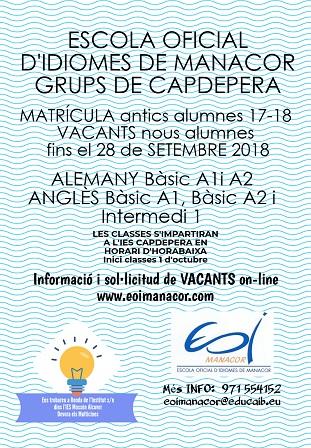 Matrícules i vacants de l'EOI Manacor i grup Capdepera