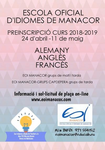 Preinscripcions a l'Escola Oficial d'Idiomes de Manacor i grup Capdepera
